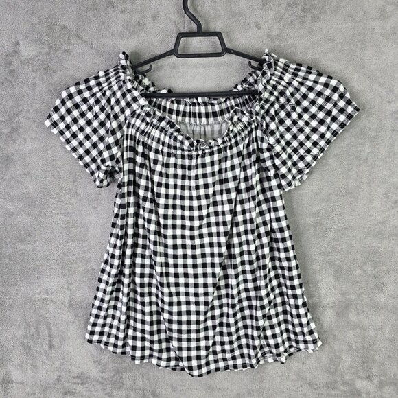 Womens Signature Studio Black & White Gingham Off-Shoulder Top Short Sleeve L - Picture 4 of 7